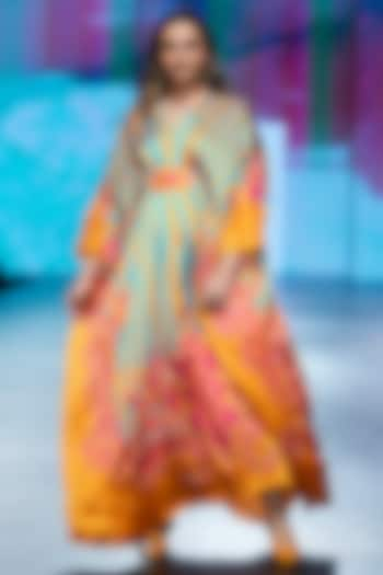 Turquoise Bemberg Modal Satin Printed Kaftan by Swati Vijaivargie at Pernia's Pop Up Shop