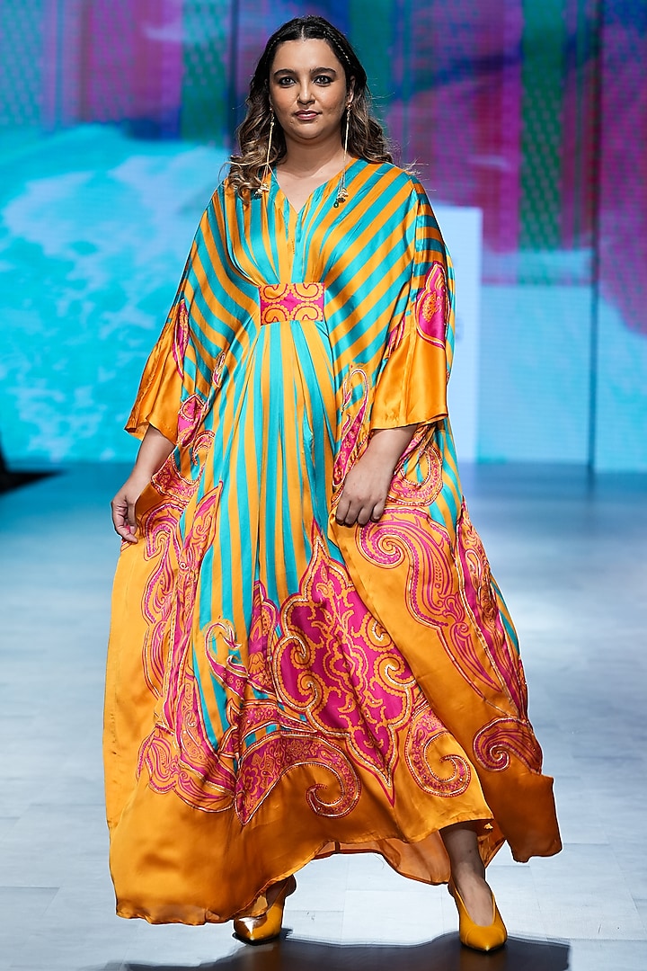 Turquoise Bemberg Modal Satin Printed Kaftan by Swati Vijaivargie at Pernia's Pop Up Shop