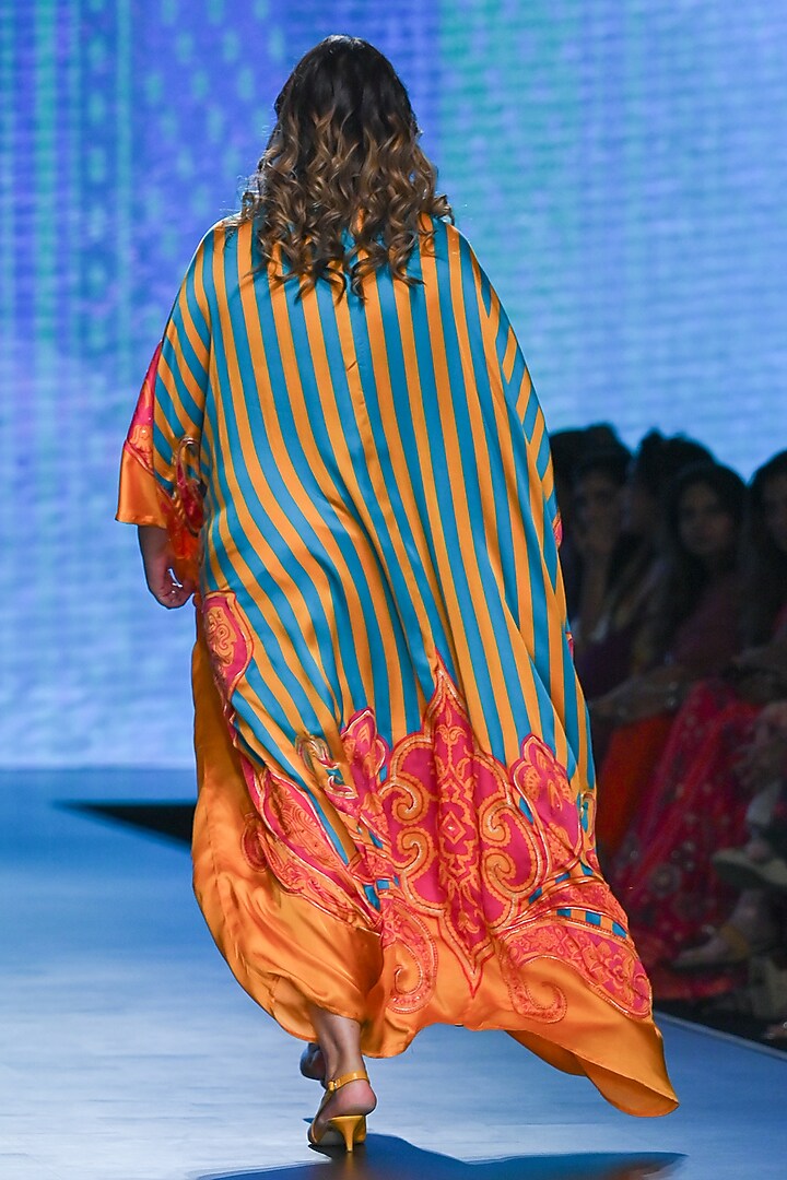 Turquoise Bemberg Modal Satin Printed Kaftan by Swati Vijaivargie at Pernia's Pop Up Shop