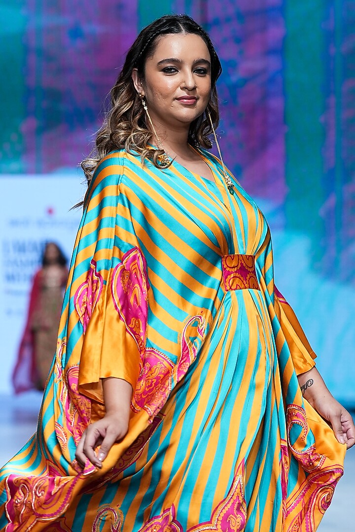 Turquoise Bemberg Modal Satin Printed Kaftan by Swati Vijaivargie at Pernia's Pop Up Shop