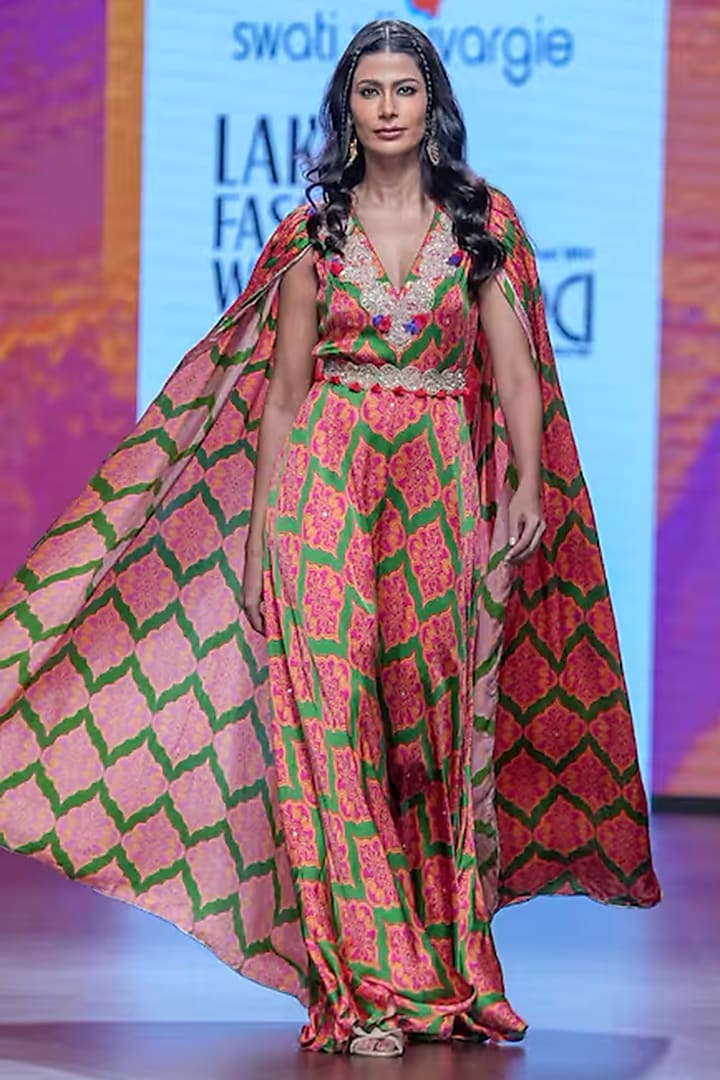 Red & Emerald Green Bemberg Modal Satin Printed Jumpsuit by Swati Vijaivargie at Pernia's Pop Up Shop