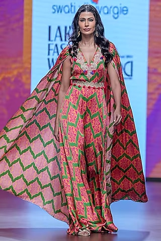 Red & Emerald Green Bemberg Modal Satin Printed Jumpsuit by Swati Vijaivargie