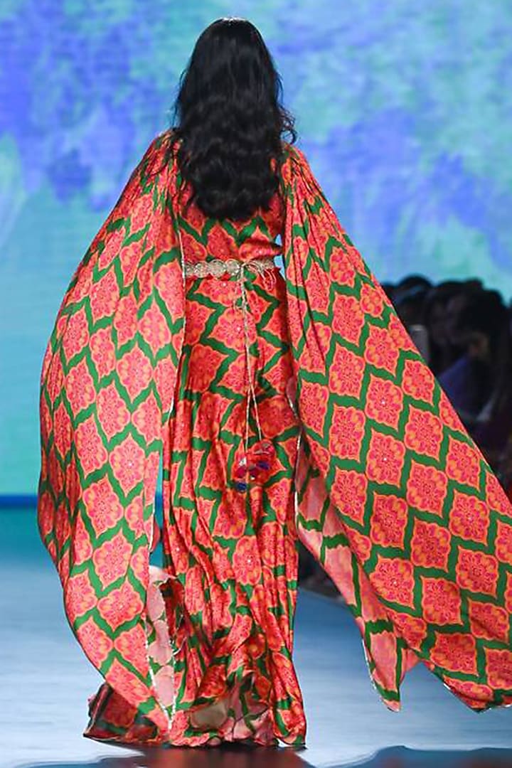 Red & Emerald Green Bemberg Modal Satin Printed Jumpsuit by Swati Vijaivargie at Pernia's Pop Up Shop