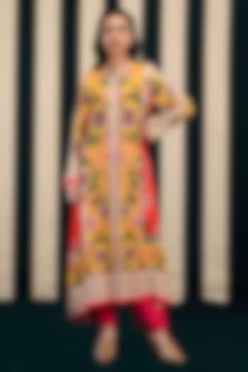 Mustard Yellow Hemp Mirror Embroidered & Printed Kurta Set by Swati Vijaivargie at Pernia's Pop Up Shop
