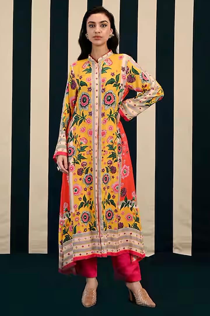 Mustard Yellow Hemp Mirror Embroidered & Printed Kurta Set by Swati Vijaivargie at Pernia's Pop Up Shop