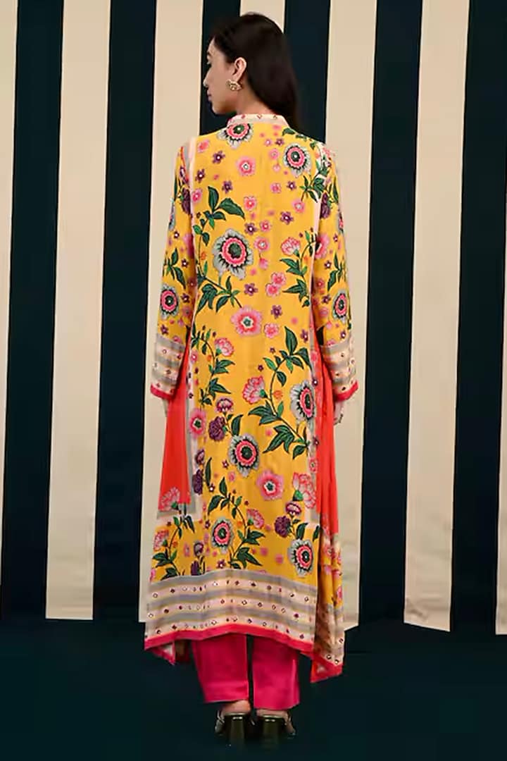 Mustard Yellow Hemp Mirror Embroidered & Printed Kurta Set by Swati Vijaivargie at Pernia's Pop Up Shop