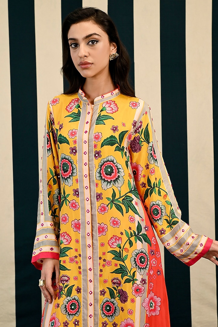 Mustard Yellow Hemp Mirror Embroidered & Printed Kurta Set by Swati Vijaivargie at Pernia's Pop Up Shop