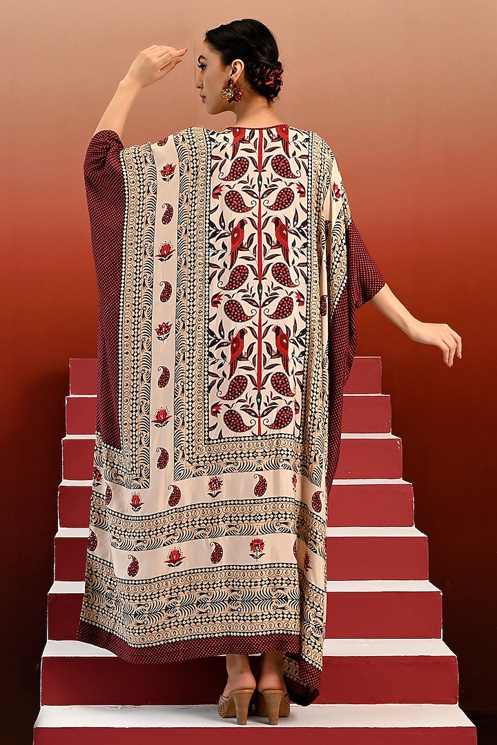 Ecru & Maroon Bemberg Modal Satin Hand Embroidered Kaftan by Swati Vijaivargie at Pernia's Pop Up Shop