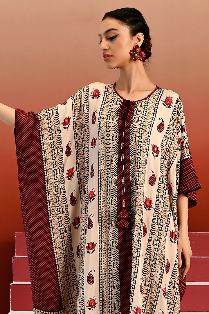 Ecru & Maroon Bemberg Modal Satin Hand Embroidered Kaftan by Swati Vijaivargie at Pernia's Pop Up Shop