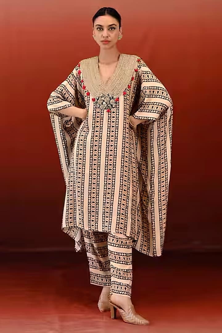 Off-White Silk Embroidered & Mandala Printed Kaftan Set by Swati Vijaivargie at Pernia's Pop Up Shop