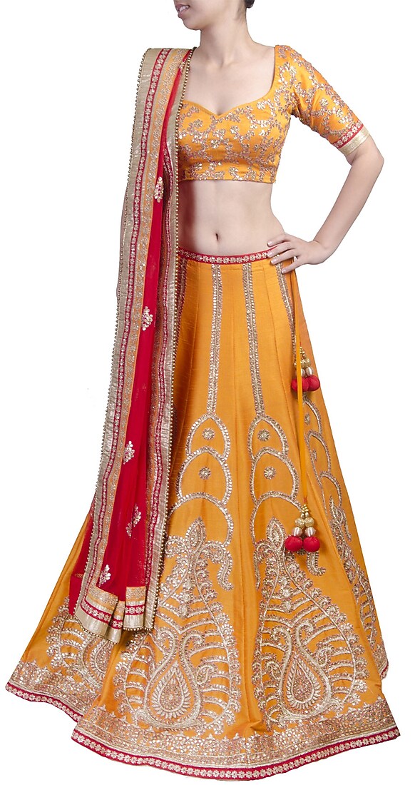Mango yellow gota work lehenga set available only at Pernia's Pop-up shop.