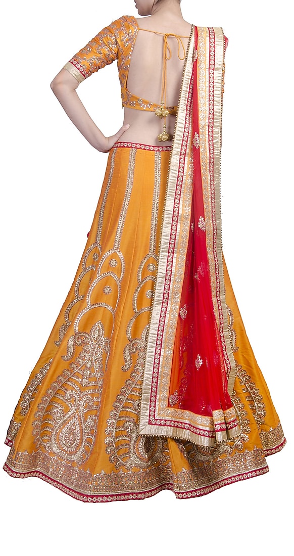 Mango yellow gota work lehenga set available only at Pernia's Pop-up shop.