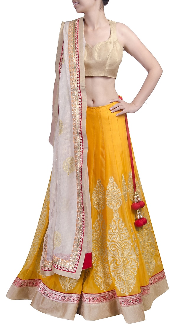 Mango yellow lehenga choli with zari work available only at Pernia's Pop-up shop.