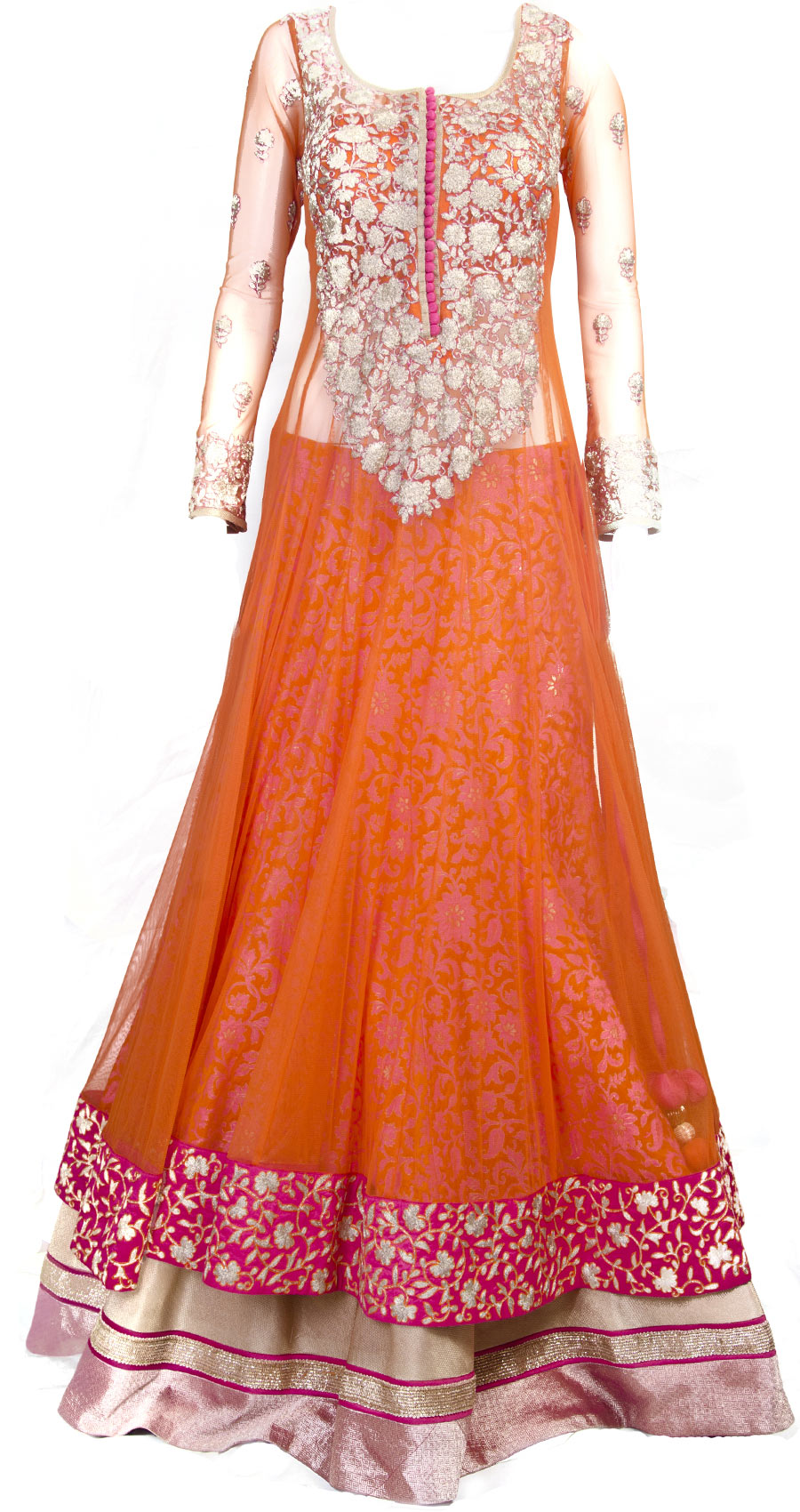 Orange sheer layered anarkali lehenga available only at Pernia's Pop-up shop.