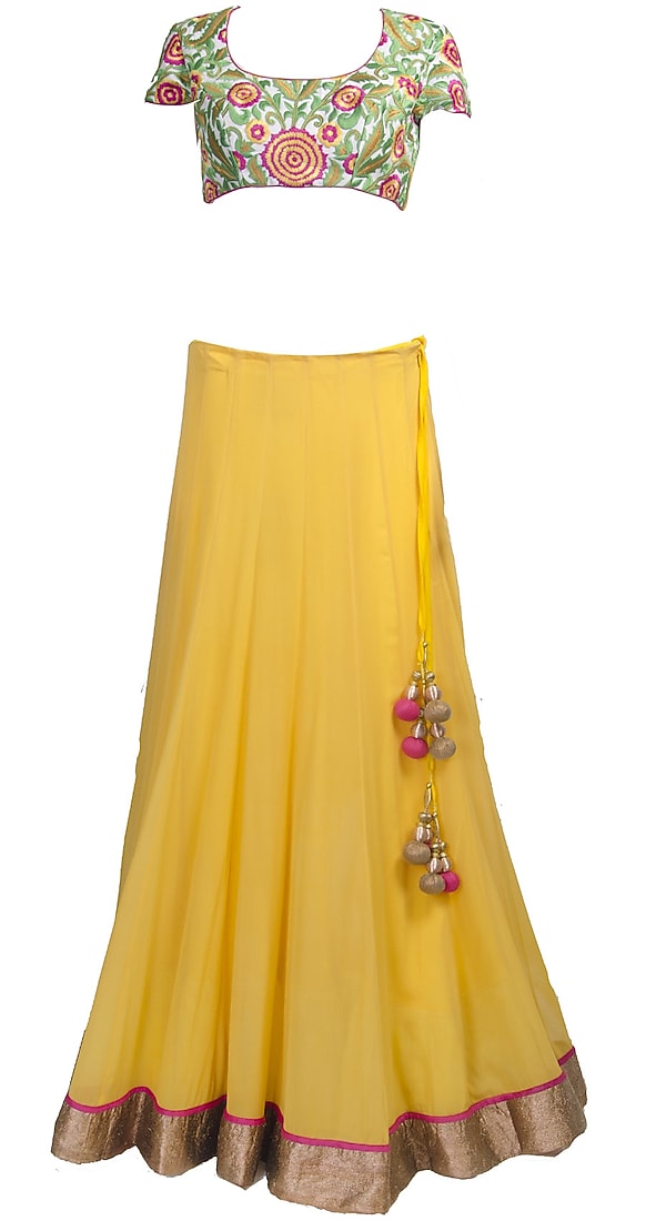 Yellow resham work lehenga set available only at Pernia's Pop-up shop.