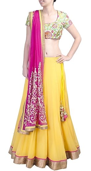 Yellow resham work lehenga set by SVA BY SONAM & PARAS MODI