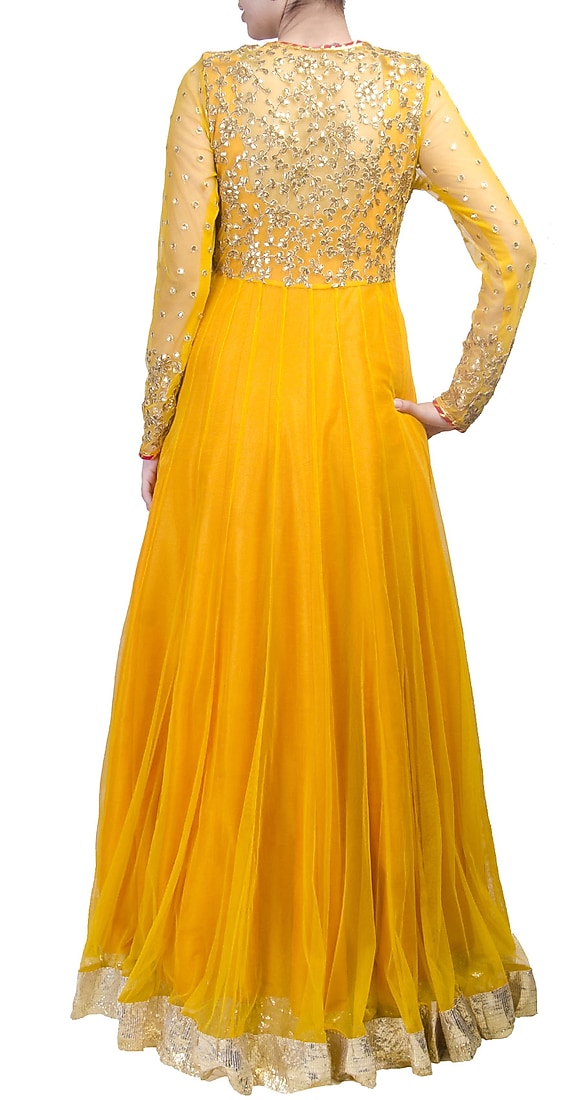 Mango yellow anarkali with sheer jacket available only at Pernia's Pop-up shop.
