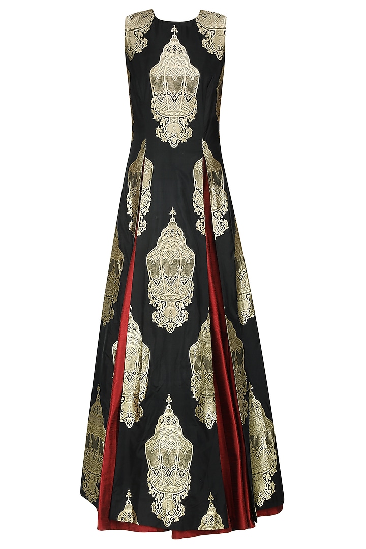Black lantern brocade high slit kurta and maroon lehenga set available only at Pernia's Pop Up Shop.