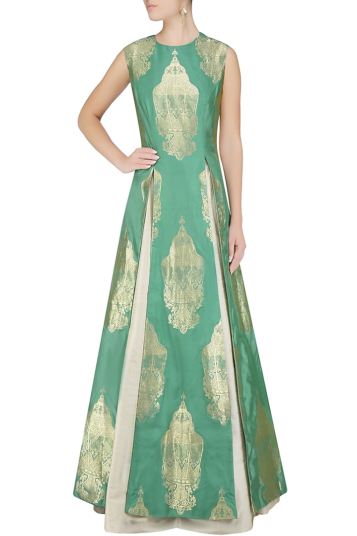 Olive green lantern brocade high slit kurta and beige lehenga set available only at Pernia's Pop Up Shop.