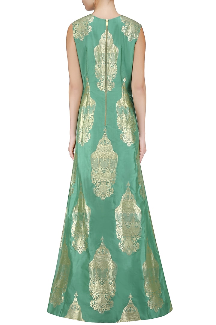 Olive green lantern brocade high slit kurta and beige lehenga set available only at Pernia's Pop Up Shop.