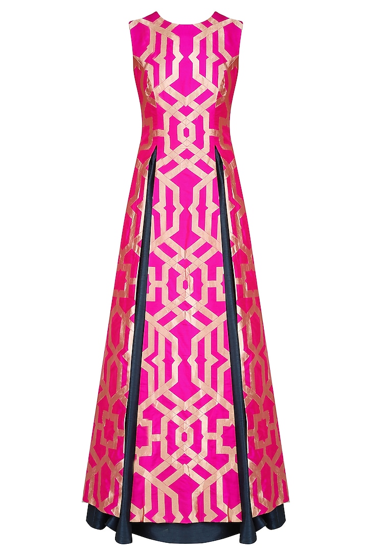 Fuschia pink thick line brocade high slit kurta and blue lehenga set available only at Pernia's Pop Up Shop.