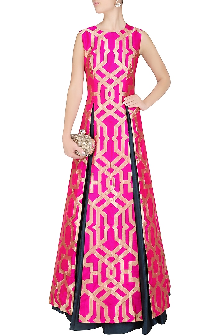 Fuschia pink thick line brocade high slit kurta and blue lehenga set available only at Pernia's Pop Up Shop.