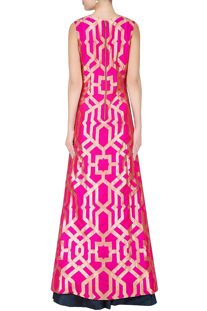 Fuschia pink thick line brocade high slit kurta and blue lehenga set available only at Pernia's Pop Up Shop.