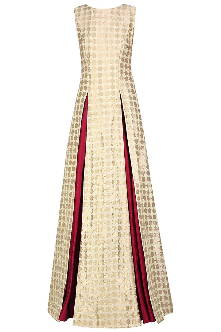 Beige star brocade high slit kurta and maroon lehenga set available only at Pernia's Pop Up Shop.