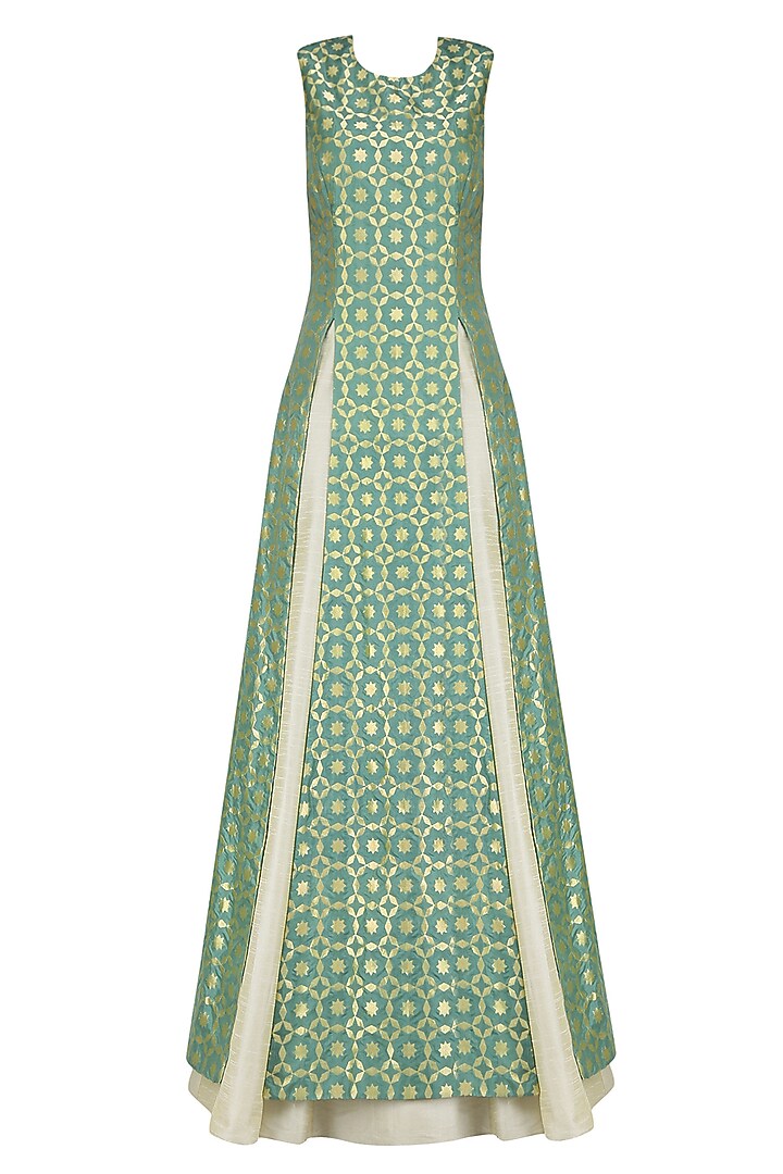 Olive green star geometric brocade high slit kurta and beige lehenga set available only at Pernia's Pop Up Shop.