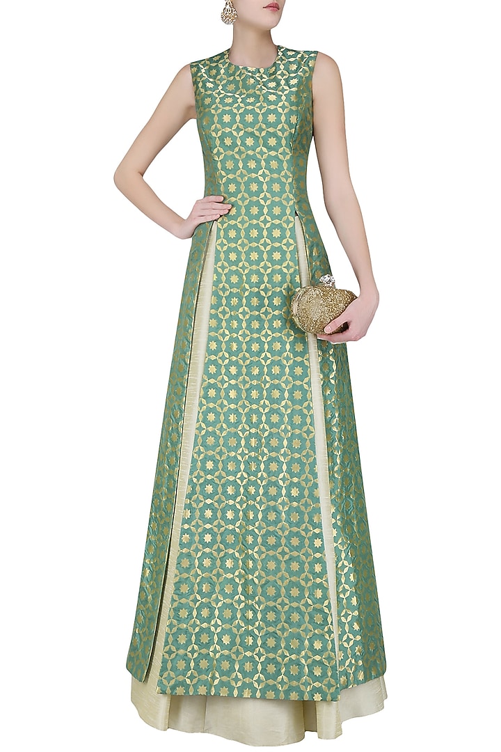 Olive green star geometric brocade high slit kurta and beige lehenga set available only at Pernia's Pop Up Shop.