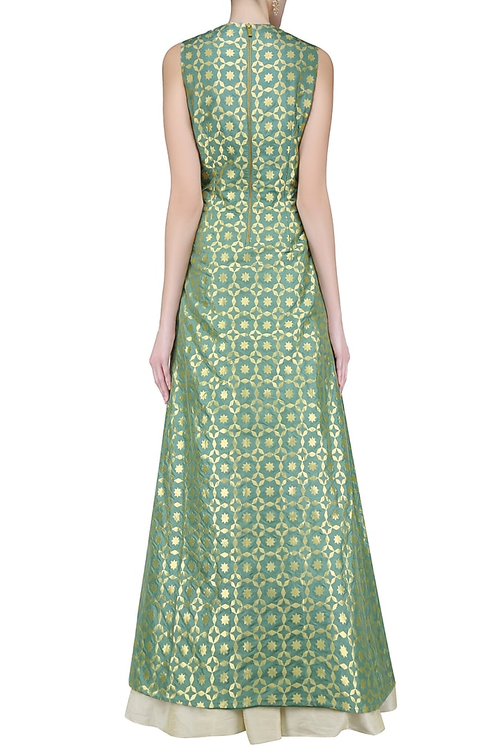 Olive green star geometric brocade high slit kurta and beige lehenga set available only at Pernia's Pop Up Shop.