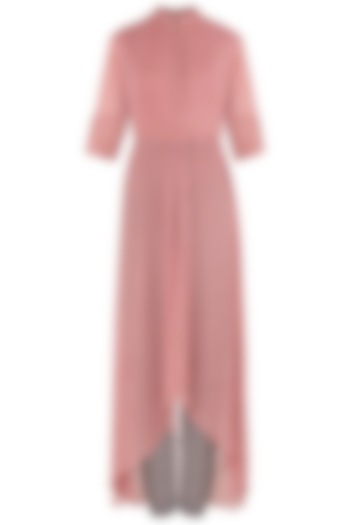 Rose pink high-low anarkali with printed cigarette pants available only at Pernia's Pop Up Shop.