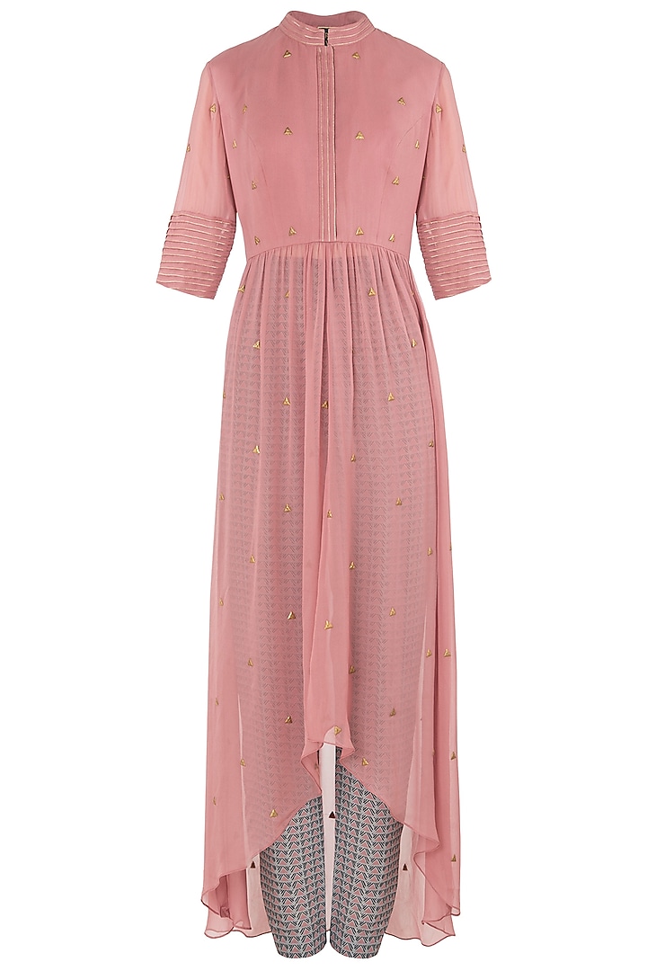 Rose pink high-low anarkali with printed cigarette pants available only at Pernia's Pop Up Shop.