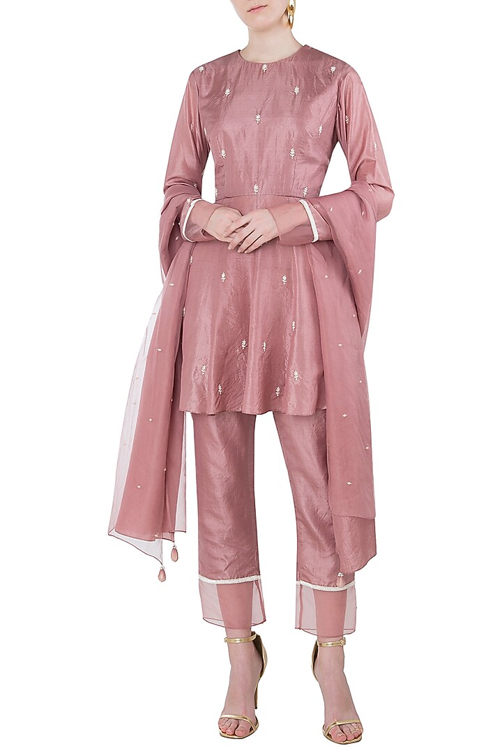 Rose pink embroidered short anarkali with cigarette pants set available only at Pernia's Pop Up Shop.
