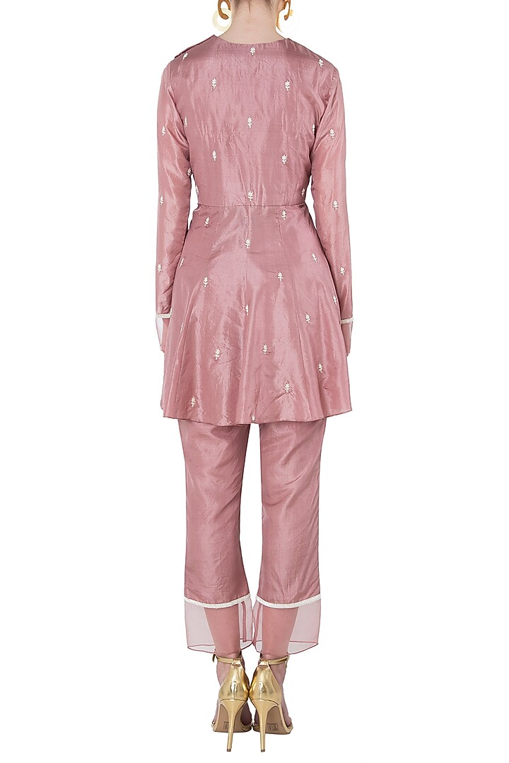 Rose pink embroidered short anarkali with cigarette pants set available only at Pernia's Pop Up Shop.