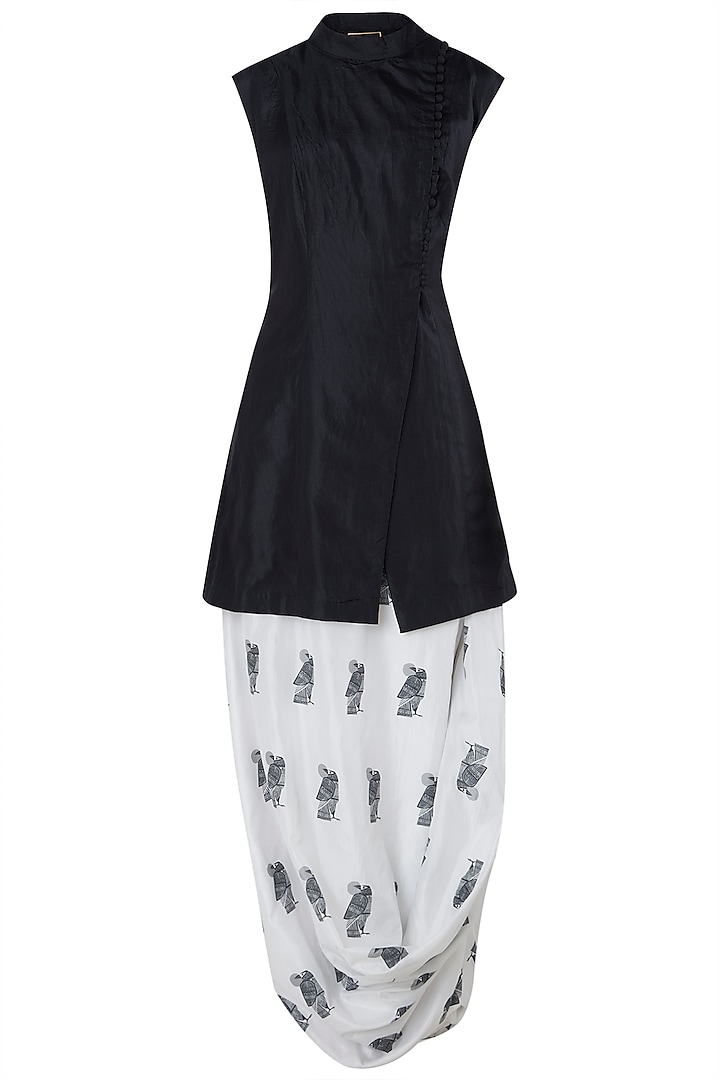 Black Overlap Jacket with White Printed Drape Skirt by Arya by SVA