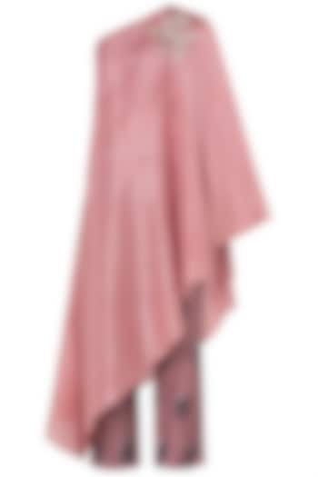 Rose Pink Embroidered One Shoulder Cape with Cigarette Pants by Arya by SVA