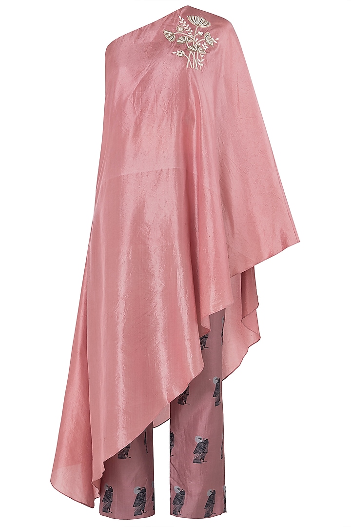 Rose Pink Embroidered One Shoulder Cape with Cigarette Pants by Arya by SVA