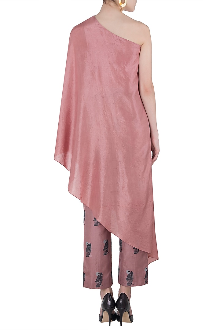 Rose pink embroidered one shoulder cape with cigarette pants available only at Pernia's Pop Up Shop.
