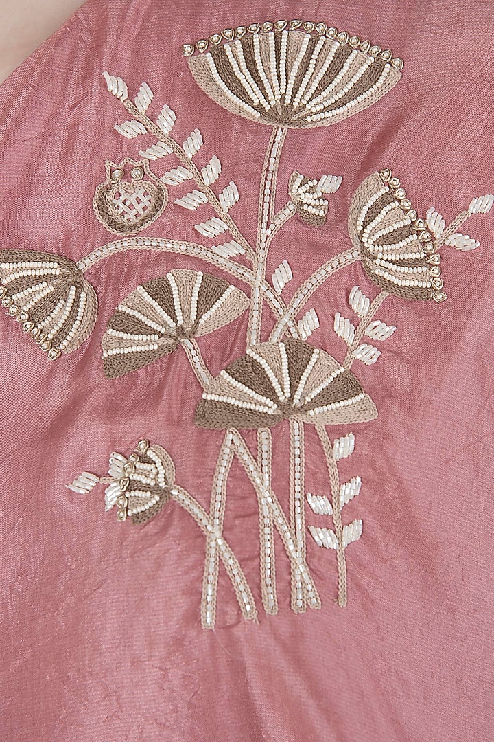 Rose pink embroidered one shoulder cape with cigarette pants available only at Pernia's Pop Up Shop.