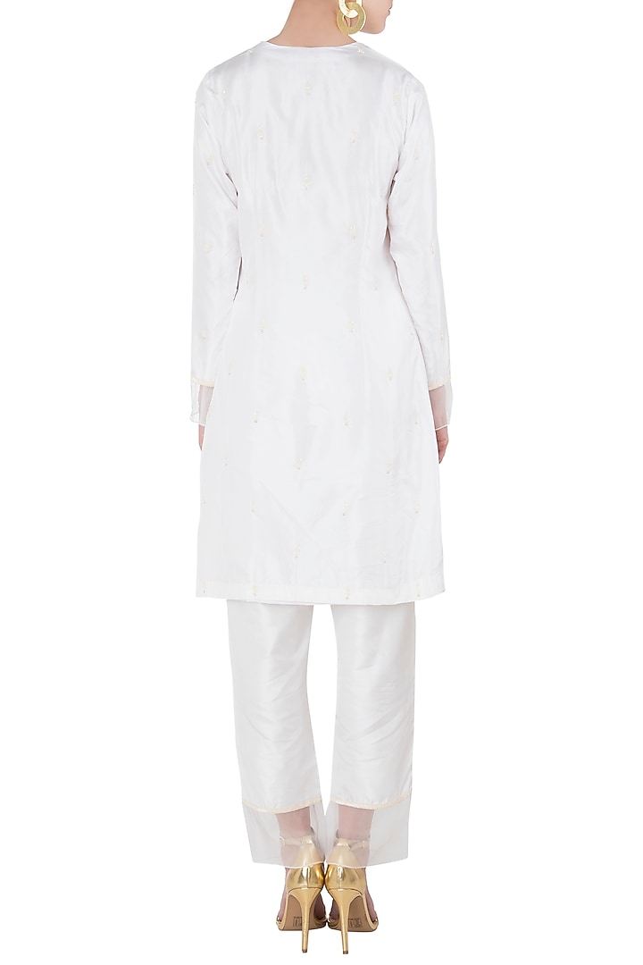 White embroidered short anarkali with cigarette pants set available only at Pernia's Pop Up Shop.