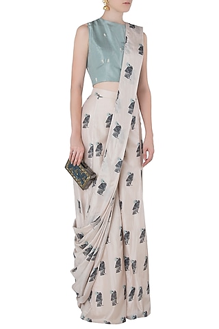 Beige Printed Drape Saree with Teal Crop Top by Arya by SVA