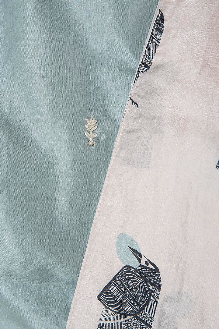 Beige printed drape saree with teal crop top available only at Pernia's Pop Up Shop.