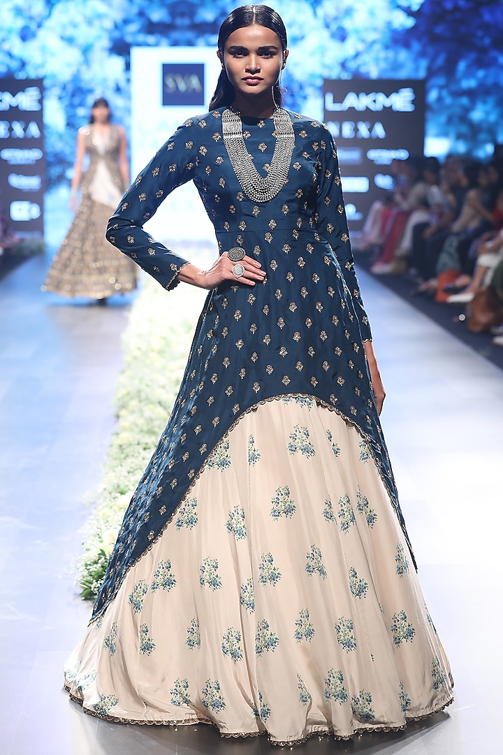 Blue High Low Embroidered Anarkali with Beige Lehenga Skirt by SVA BY SONAM & PARAS MODI