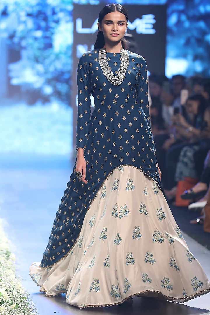 Blue high low embroidered anarkali with beige lehenga skirt available only at Pernia's Pop Up Shop.