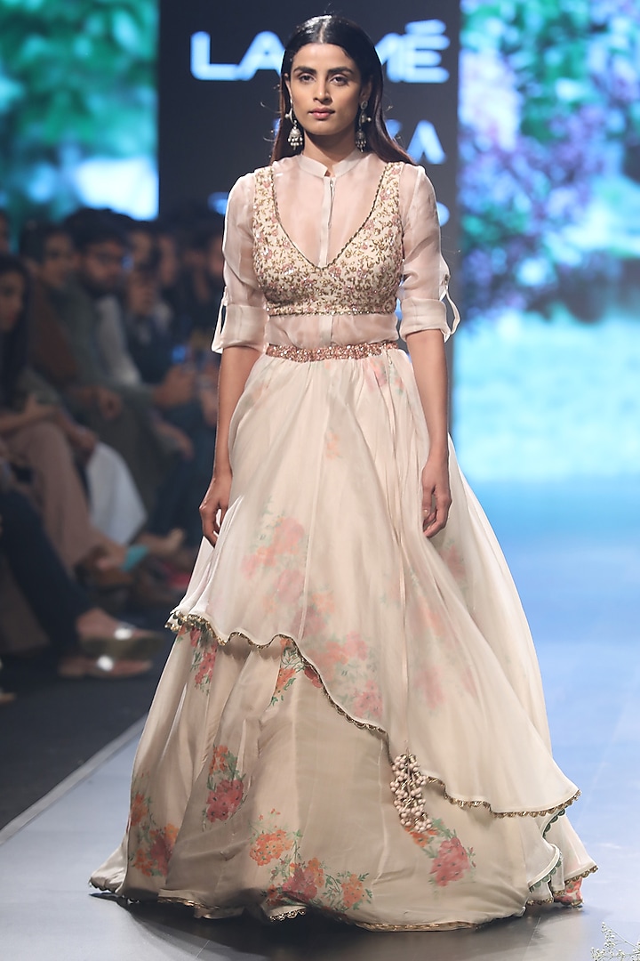 Beige and Pink Embroidered Layered Lehenga Set by SVA BY SONAM & PARAS MODI