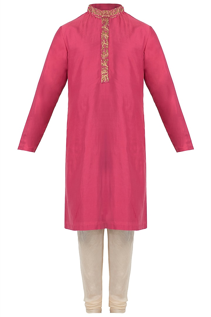 Pink and Off White Embroidered Kurta with Pants by SVA BY SONAM & PARAS MODI Men