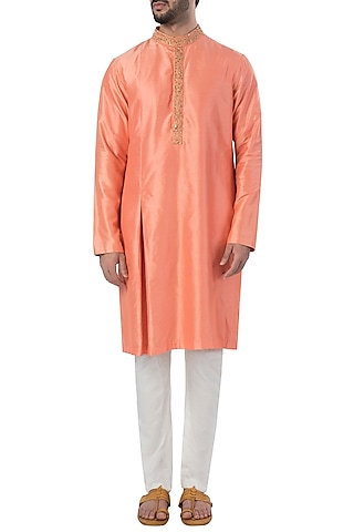 Orange Box Pleated Embroidered Kurta with Pants by SVA BY SONAM & PARAS MODI Men