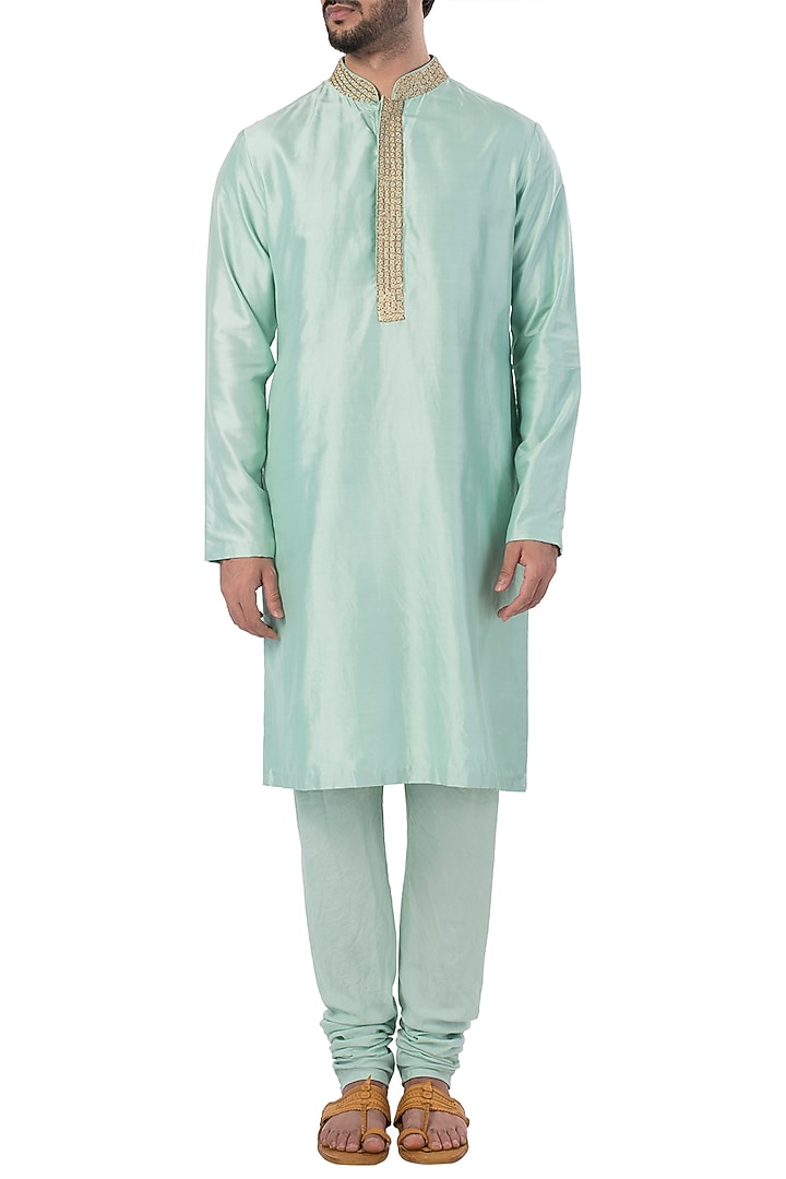 Mint embroidered kurta with churidar pants available only at Pernia's Pop Up Shop.