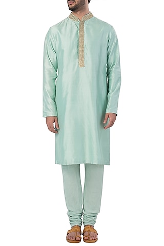 Mint Embroidered Kurta with Churidar Pants by SVA BY SONAM & PARAS MODI Men